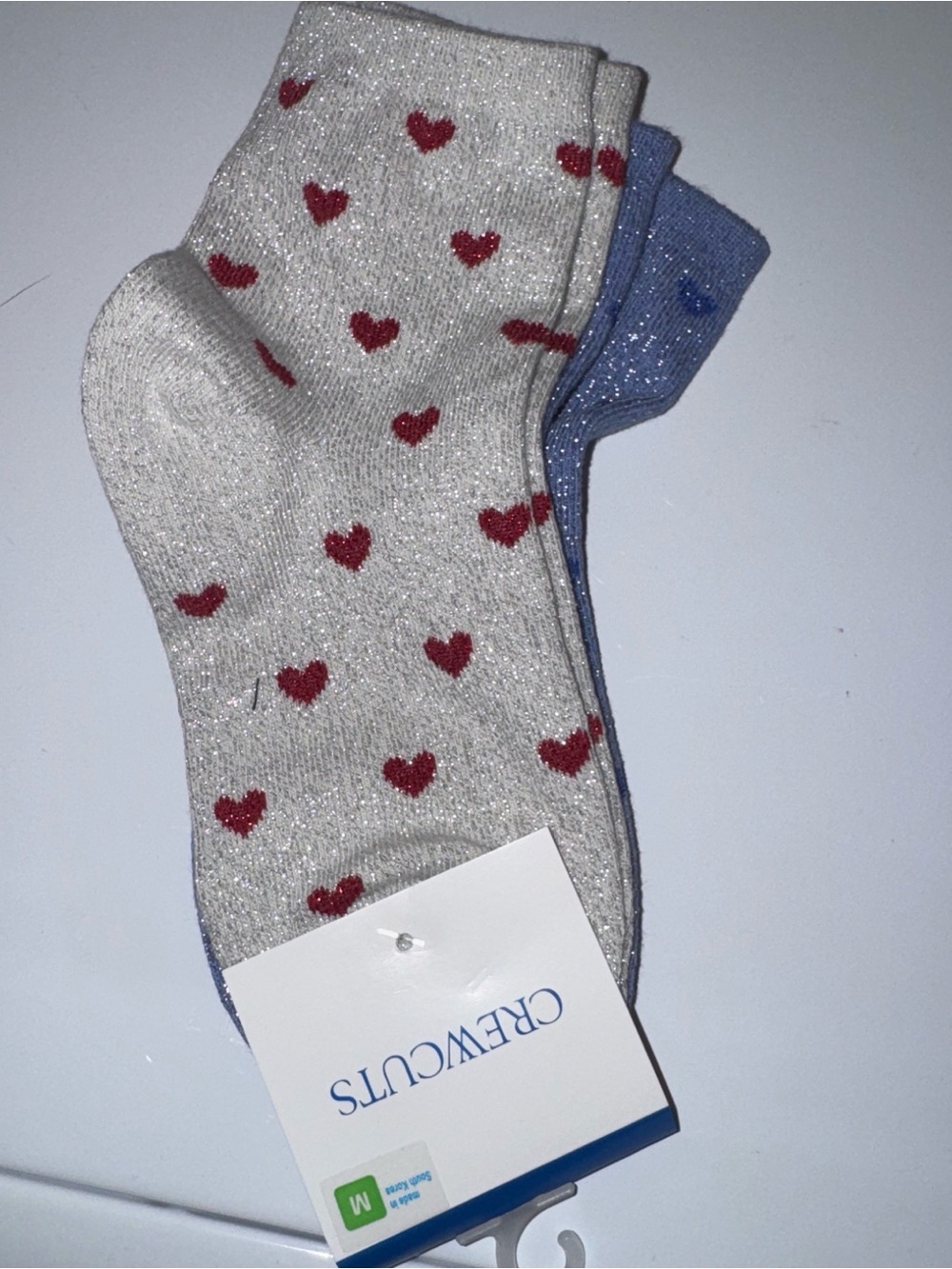 Crewcuts Glitter Heart Ankle Socks - White with Red Hearts & Blue Pair